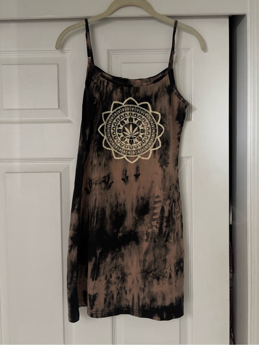 Brown Tie-Dye Slip Dress with Mandala Print
